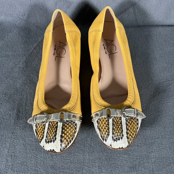 AGL Attilio Giusti Leombruni Yellow Snakeskin Cap Toe Ballet Flats 37 7 - Picture 4 of 6